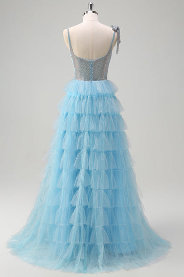Scintillante azzurro A-Line arruffato Beaded Abito da cerimonia con fessura